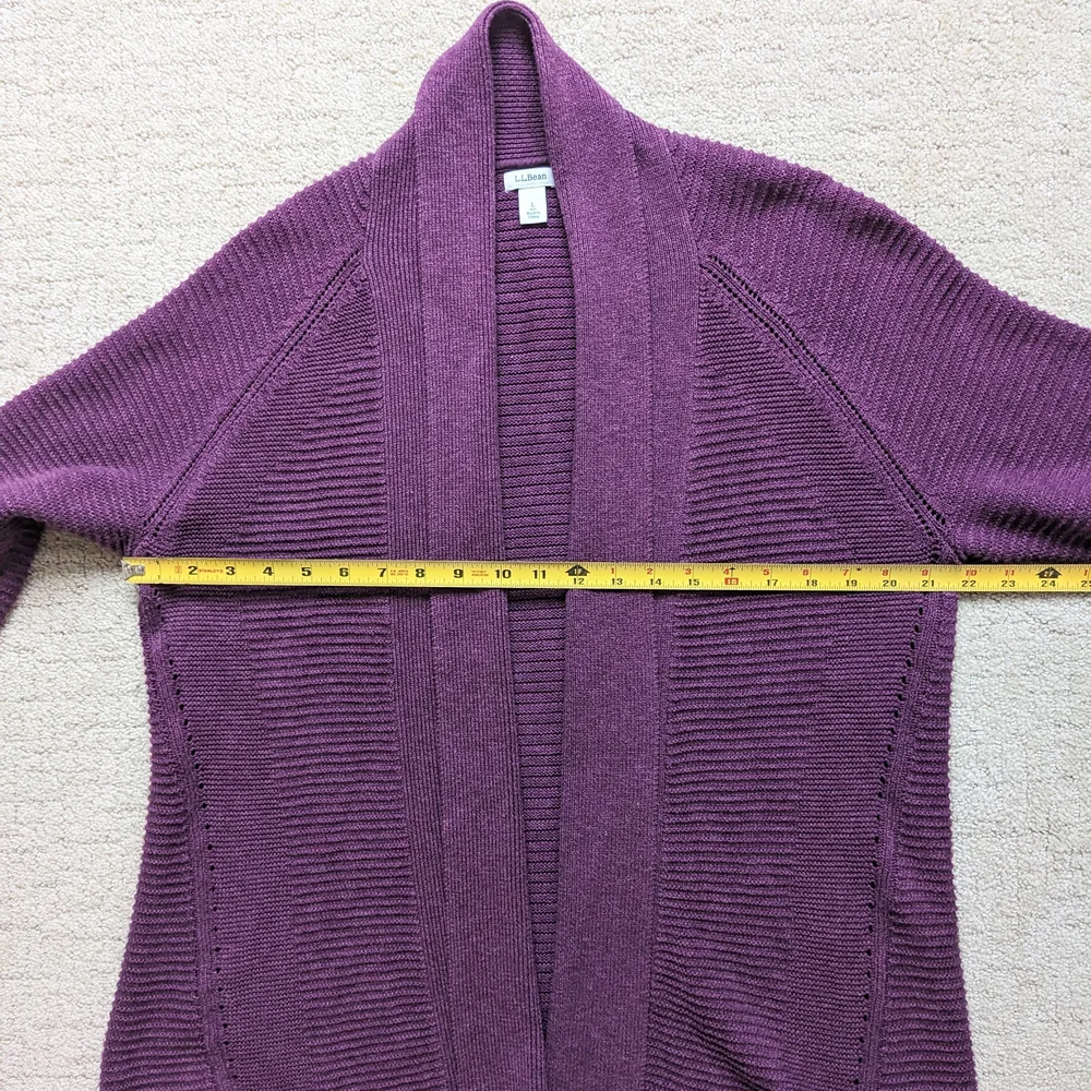 LL Bean Shawl Collar Cardigan Sweater Woman L Purple Ribbed Knit Open Front Long - Picture 4 of 5